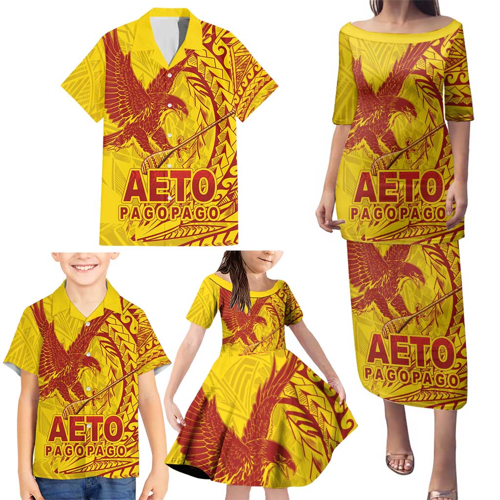American Samoa Pago Pago Aeto Family Matching Puletasi and Hawaiian Shirt Wingstyle Red-Gold Color LT03 - Polynesian Pride