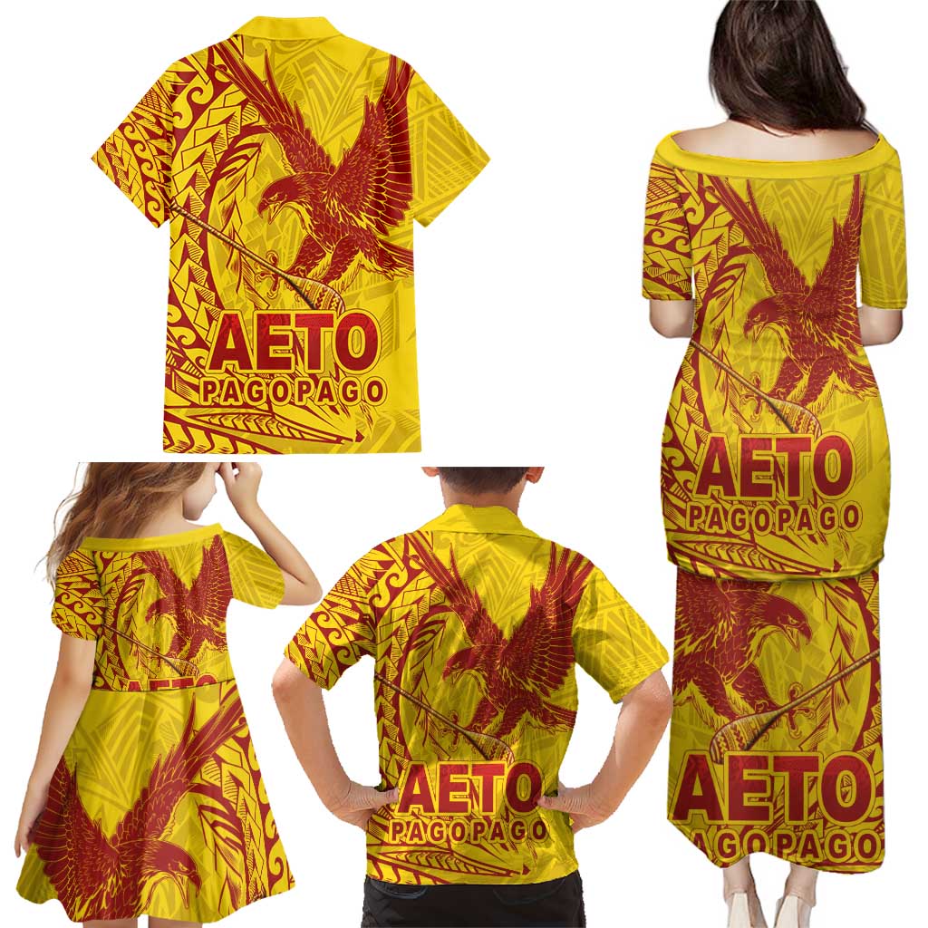 American Samoa Pago Pago Aeto Family Matching Puletasi and Hawaiian Shirt Wingstyle Red-Gold Color LT03 - Polynesian Pride