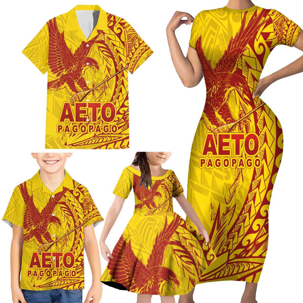 American Samoa Pago Pago Aeto Family Matching Short Sleeve Bodycon Dress and Hawaiian Shirt Wingstyle Red-Gold Color LT03 - Polynesian Pride