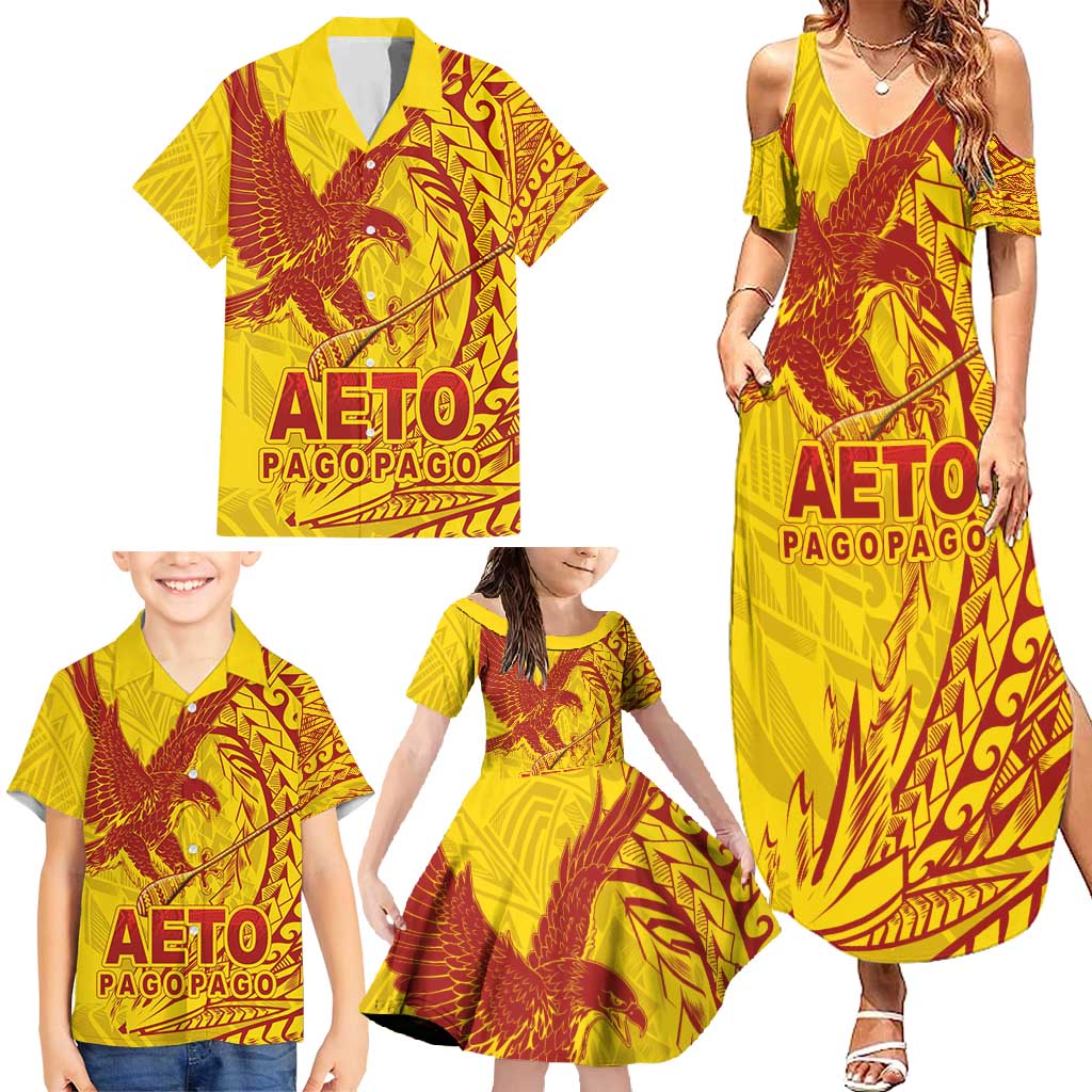 American Samoa Pago Pago Aeto Family Matching Summer Maxi Dress and Hawaiian Shirt Wingstyle Red-Gold Color LT03 - Polynesian Pride