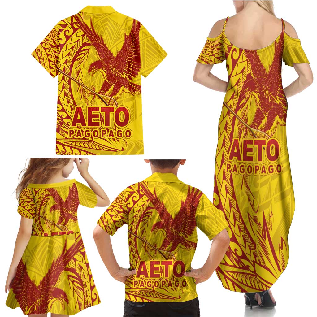 American Samoa Pago Pago Aeto Family Matching Summer Maxi Dress and Hawaiian Shirt Wingstyle Red-Gold Color LT03 - Polynesian Pride