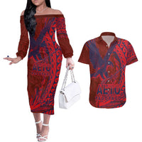 American Samoa Pago Pago Aeto Couples Matching Off The Shoulder Long Sleeve Dress and Hawaiian Shirt Wingstyle Red-Blue Color LT03 Red - Polynesian Pride