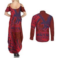 Samoa Pago Pago Aeto Couples Matching Summer Maxi Dress and Long Sleeve Button Shirt Wingstyle Red-Blue Color - Polynesian Pride