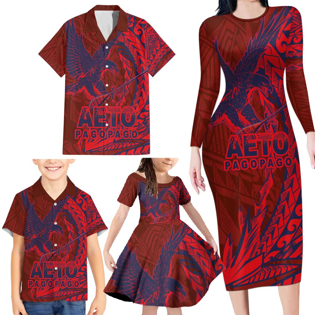 American Samoa Pago Pago Aeto Family Matching Long Sleeve Bodycon Dress and Hawaiian Shirt Wingstyle Red-Blue Color LT03 - Polynesian Pride