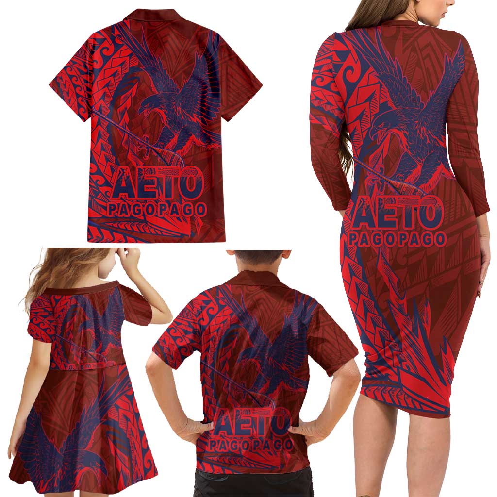 American Samoa Pago Pago Aeto Family Matching Long Sleeve Bodycon Dress and Hawaiian Shirt Wingstyle Red-Blue Color LT03 - Polynesian Pride