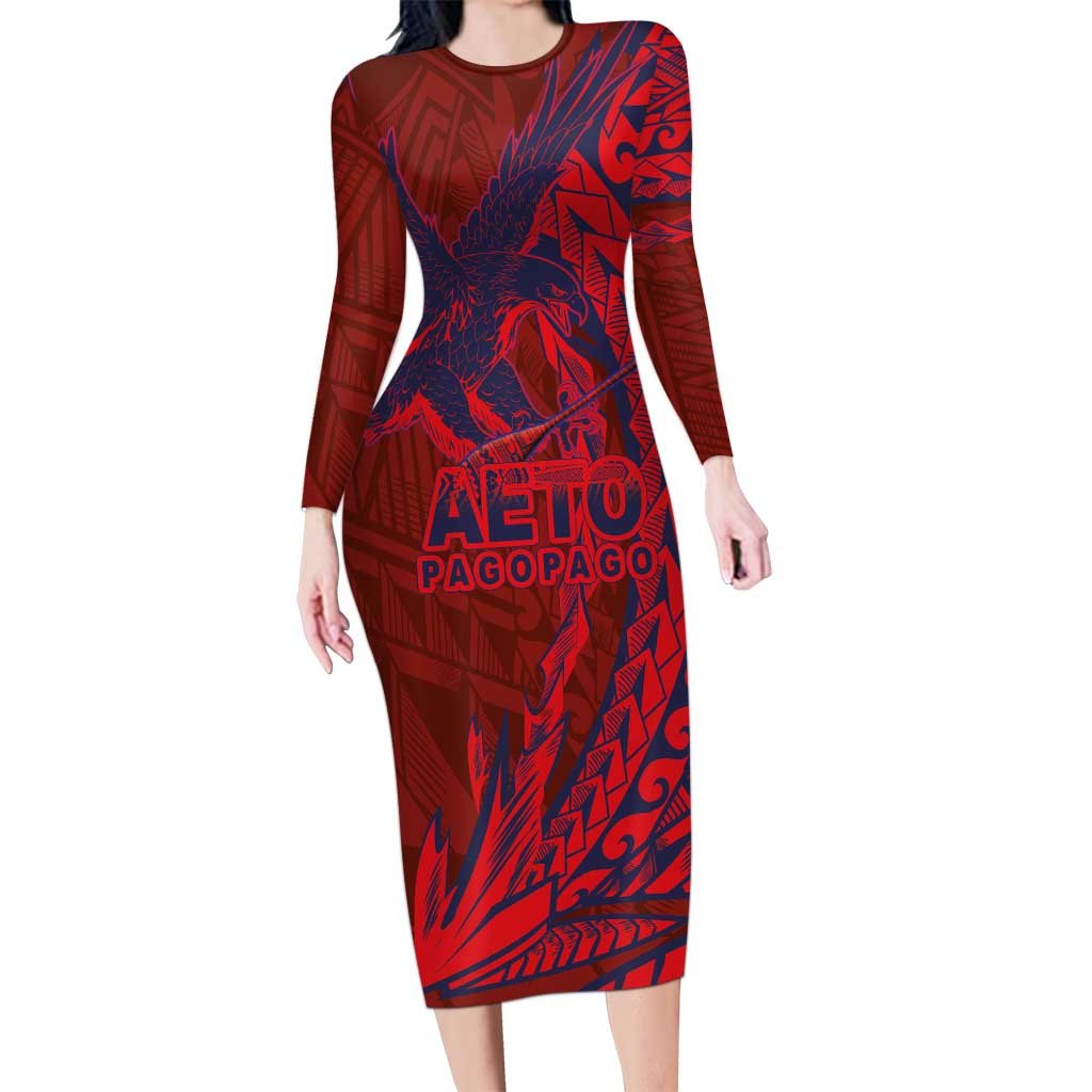 American Samoa Pago Pago Aeto Family Matching Long Sleeve Bodycon Dress and Hawaiian Shirt Wingstyle Red-Blue Color LT03 Mom's Dress Red - Polynesian Pride