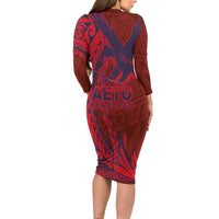 American Samoa Pago Pago Aeto Family Matching Long Sleeve Bodycon Dress and Hawaiian Shirt Wingstyle Red-Blue Color LT03 - Polynesian Pride