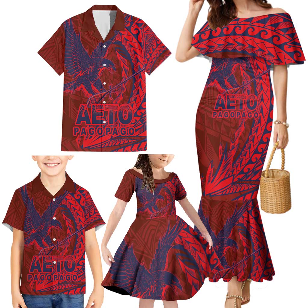 American Samoa Pago Pago Aeto Family Matching Mermaid Dress and Hawaiian Shirt Wingstyle Red-Blue Color LT03 - Polynesian Pride
