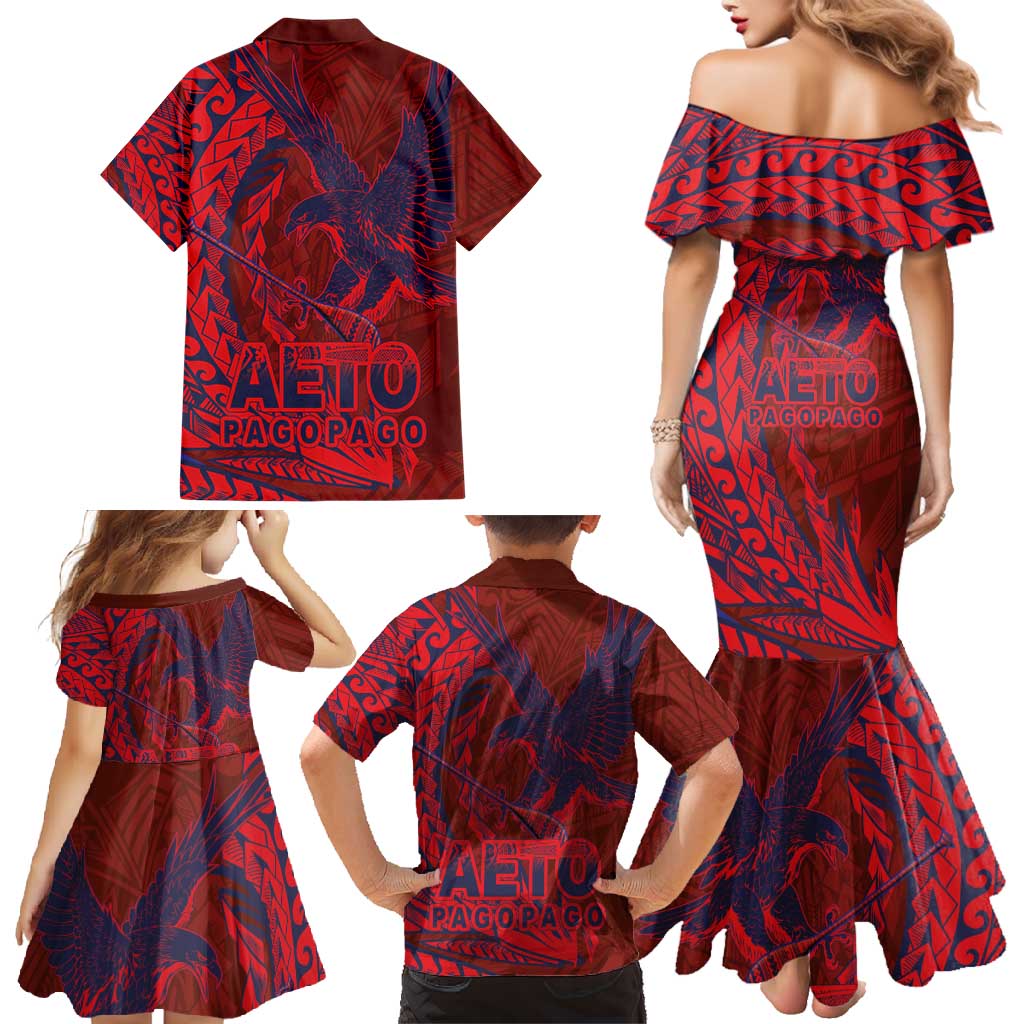 American Samoa Pago Pago Aeto Family Matching Mermaid Dress and Hawaiian Shirt Wingstyle Red-Blue Color LT03 - Polynesian Pride