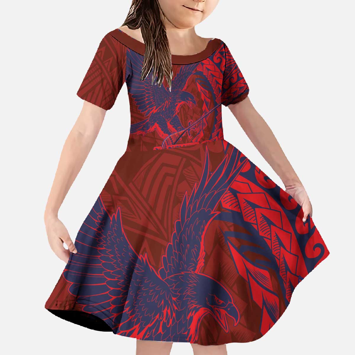 American Samoa Pago Pago Aeto Family Matching Off The Shoulder Long Sleeve Dress and Hawaiian Shirt Wingstyle Red-Blue Color LT03 Daughter's Dress Red - Polynesian Pride