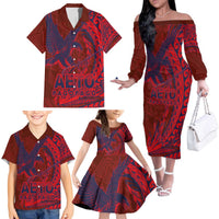 American Samoa Pago Pago Aeto Family Matching Off The Shoulder Long Sleeve Dress and Hawaiian Shirt Wingstyle Red-Blue Color LT03 - Polynesian Pride