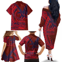 American Samoa Pago Pago Aeto Family Matching Off The Shoulder Long Sleeve Dress and Hawaiian Shirt Wingstyle Red-Blue Color LT03 - Polynesian Pride