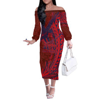 American Samoa Pago Pago Aeto Family Matching Off The Shoulder Long Sleeve Dress and Hawaiian Shirt Wingstyle Red-Blue Color LT03 Mom's Dress Red - Polynesian Pride
