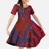 American Samoa Pago Pago Aeto Family Matching Off Shoulder Maxi Dress and Hawaiian Shirt Wingstyle Red-Blue Color LT03 Daughter's Dress Red - Polynesian Pride
