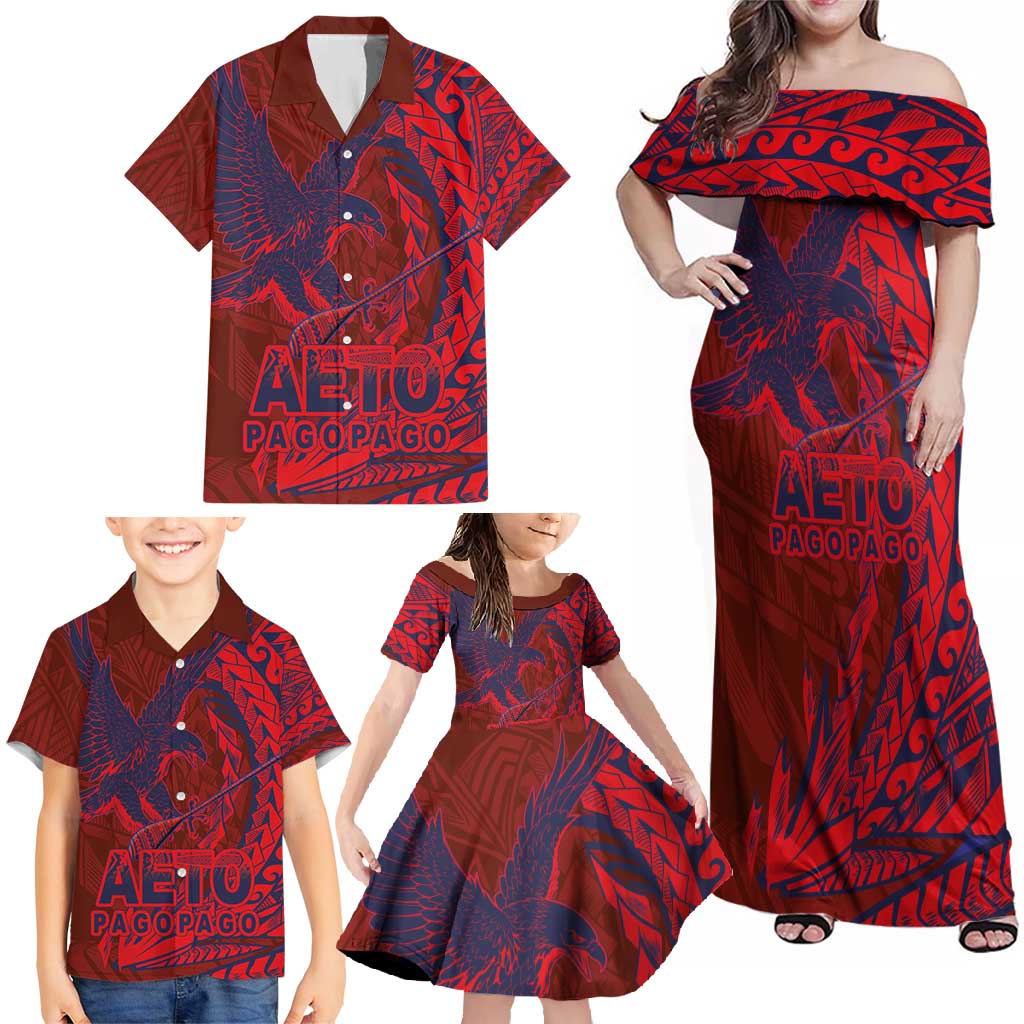 American Samoa Pago Pago Aeto Family Matching Off Shoulder Maxi Dress and Hawaiian Shirt Wingstyle Red-Blue Color LT03 - Polynesian Pride