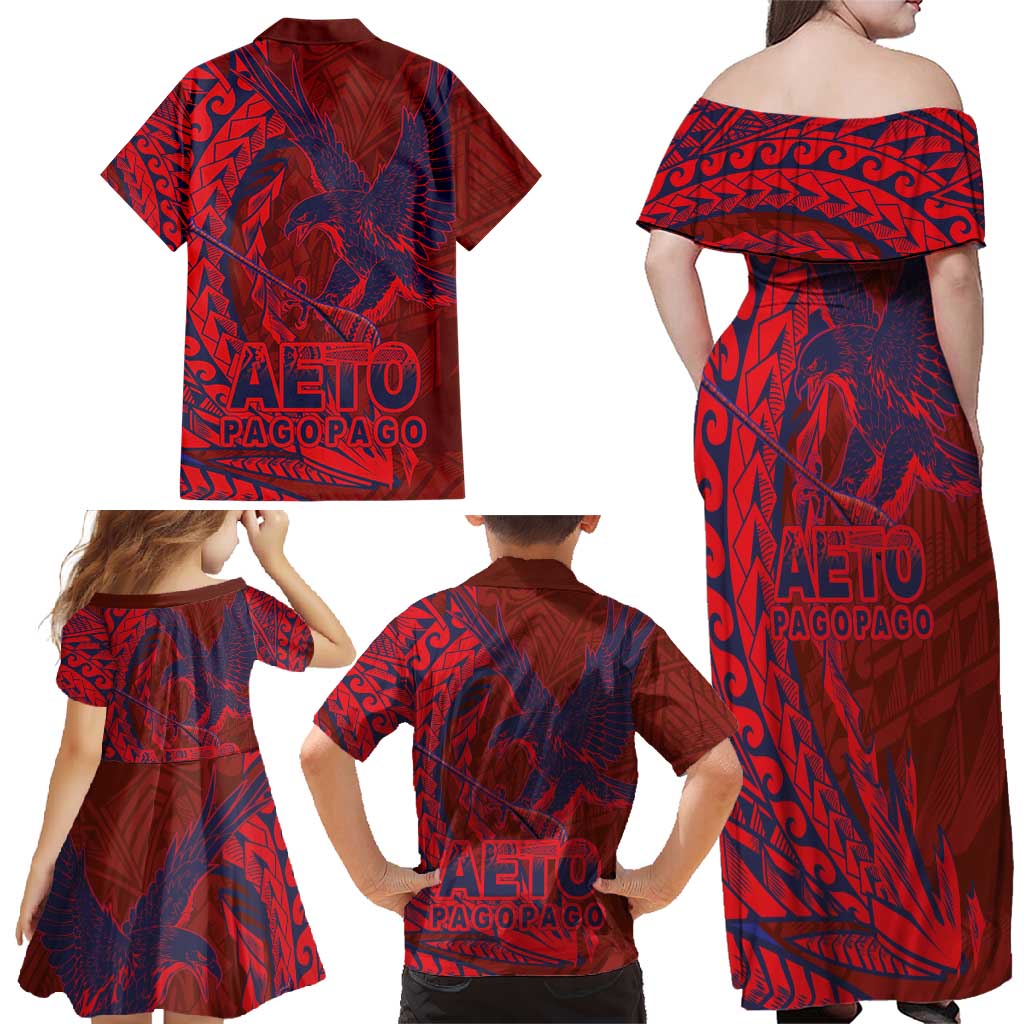 American Samoa Pago Pago Aeto Family Matching Off Shoulder Maxi Dress and Hawaiian Shirt Wingstyle Red-Blue Color LT03 - Polynesian Pride