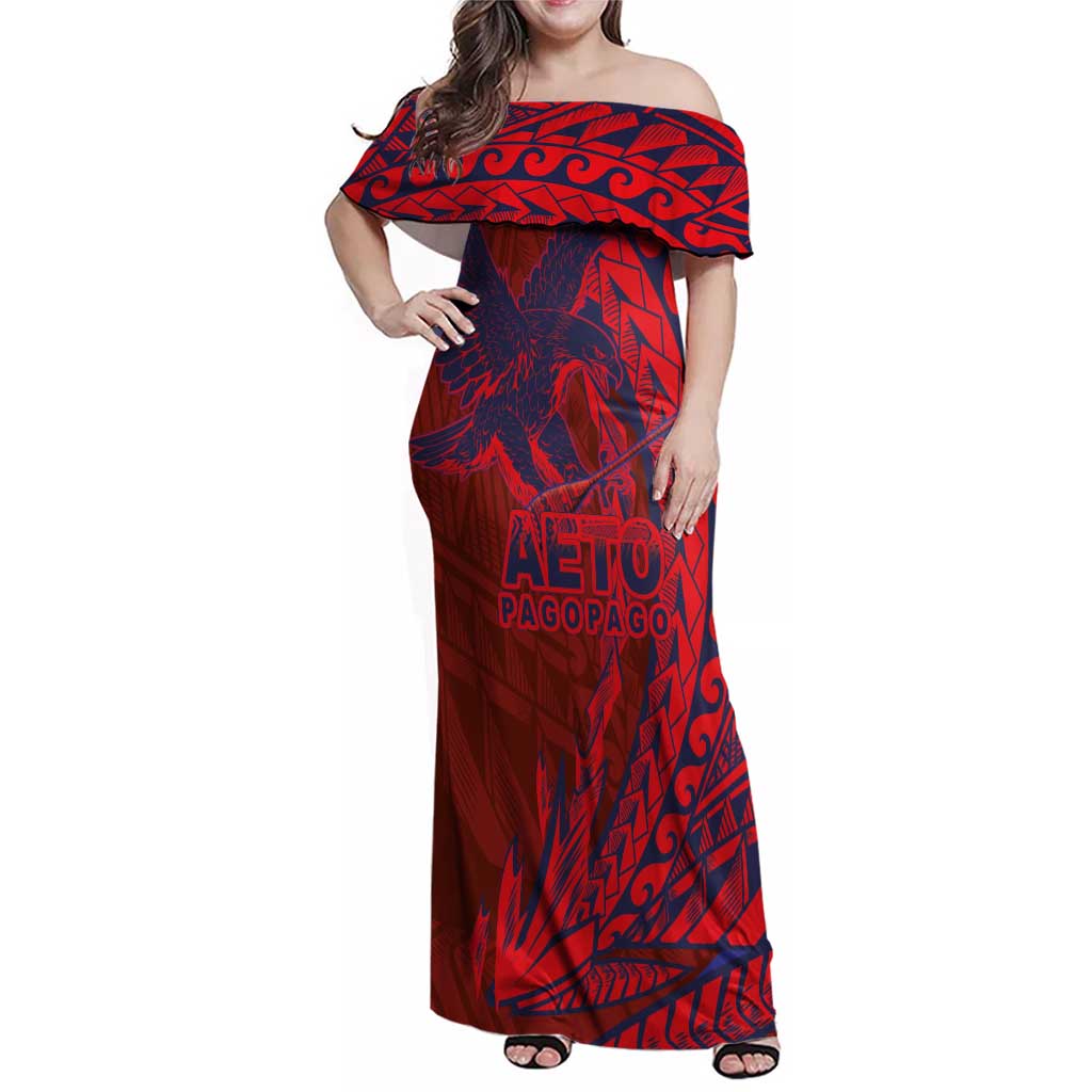 American Samoa Pago Pago Aeto Family Matching Off Shoulder Maxi Dress and Hawaiian Shirt Wingstyle Red-Blue Color LT03 Mom's Dress Red - Polynesian Pride
