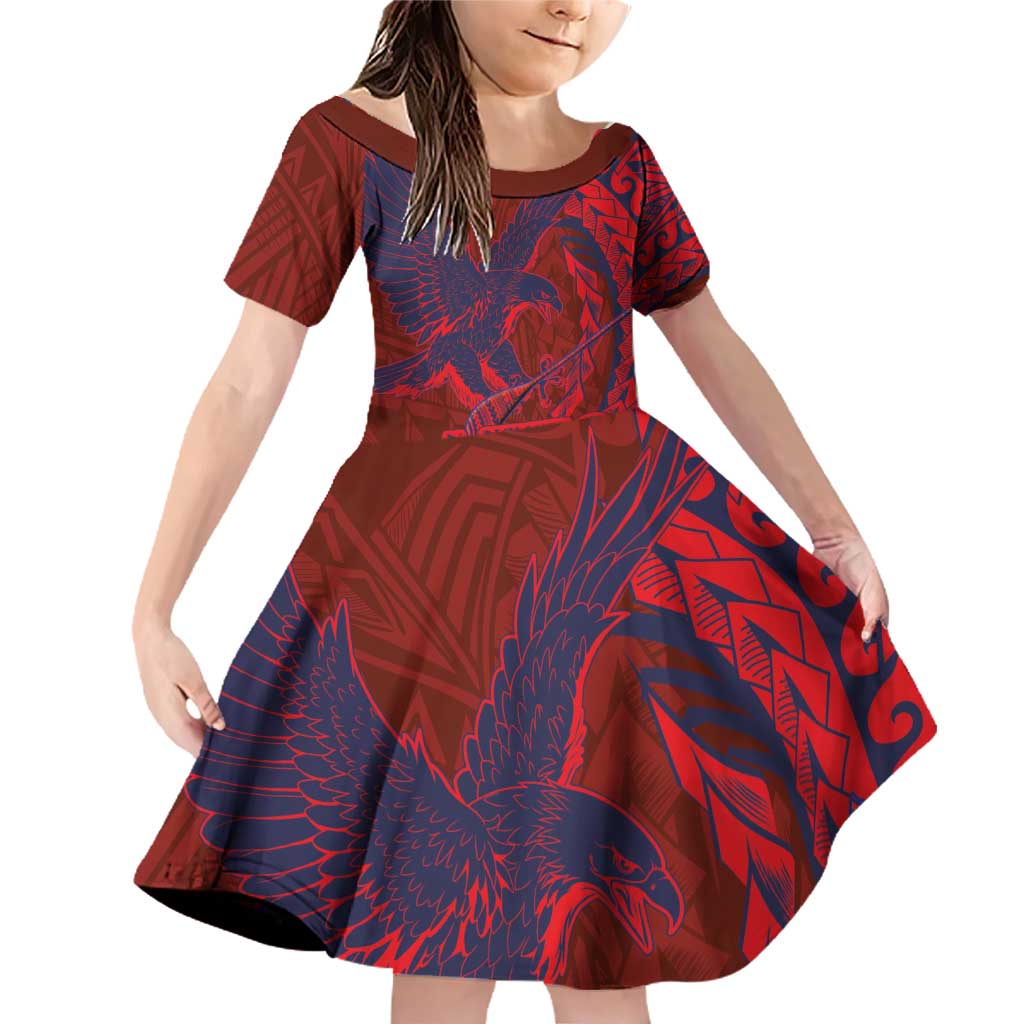 American Samoa Pago Pago Aeto Family Matching Off Shoulder Short Dress and Hawaiian Shirt Wingstyle Red-Blue Color LT03 Daughter's Dress Red - Polynesian Pride