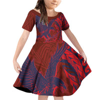 American Samoa Pago Pago Aeto Family Matching Off Shoulder Short Dress and Hawaiian Shirt Wingstyle Red-Blue Color LT03 Daughter's Dress Red - Polynesian Pride