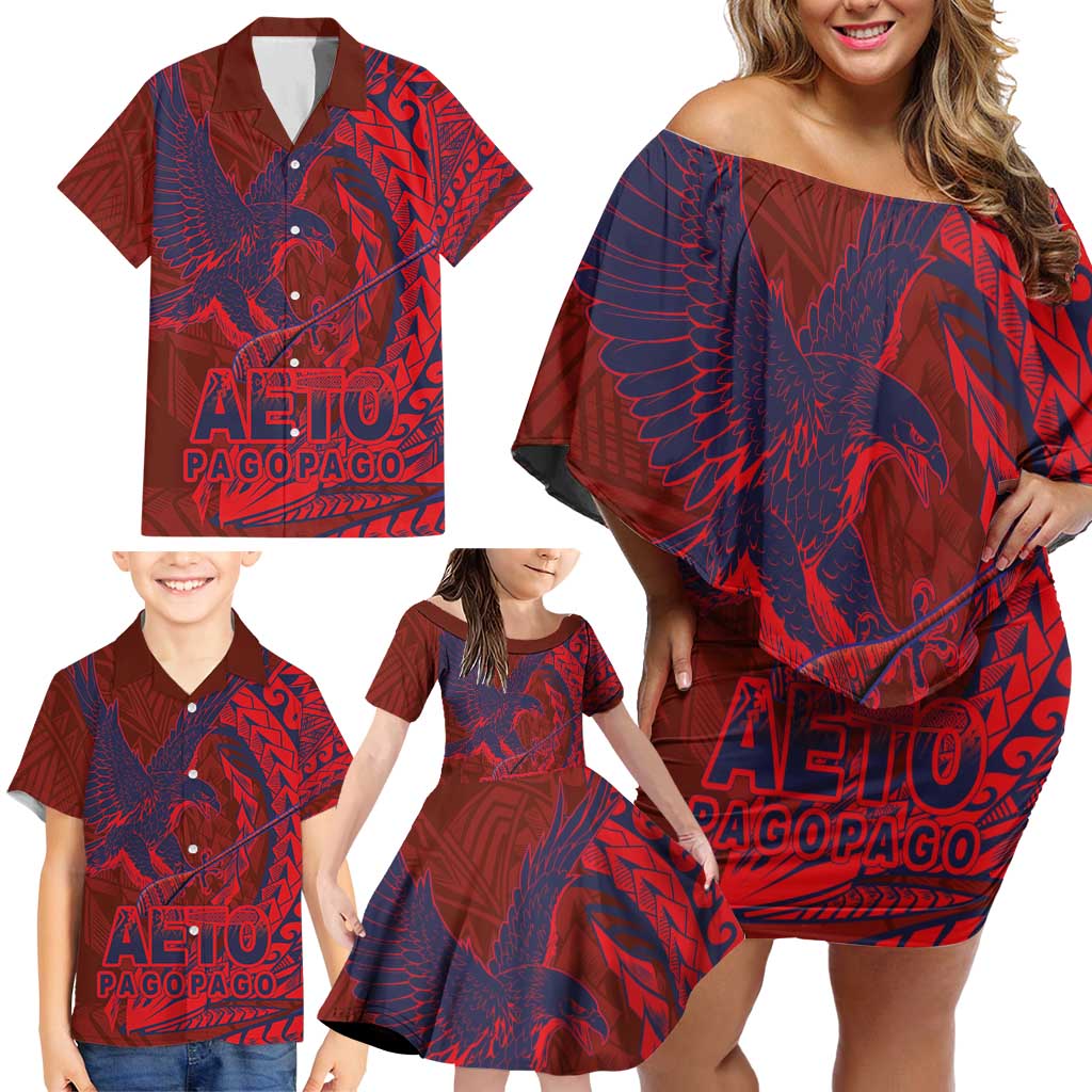 American Samoa Pago Pago Aeto Family Matching Off Shoulder Short Dress and Hawaiian Shirt Wingstyle Red-Blue Color LT03 - Polynesian Pride