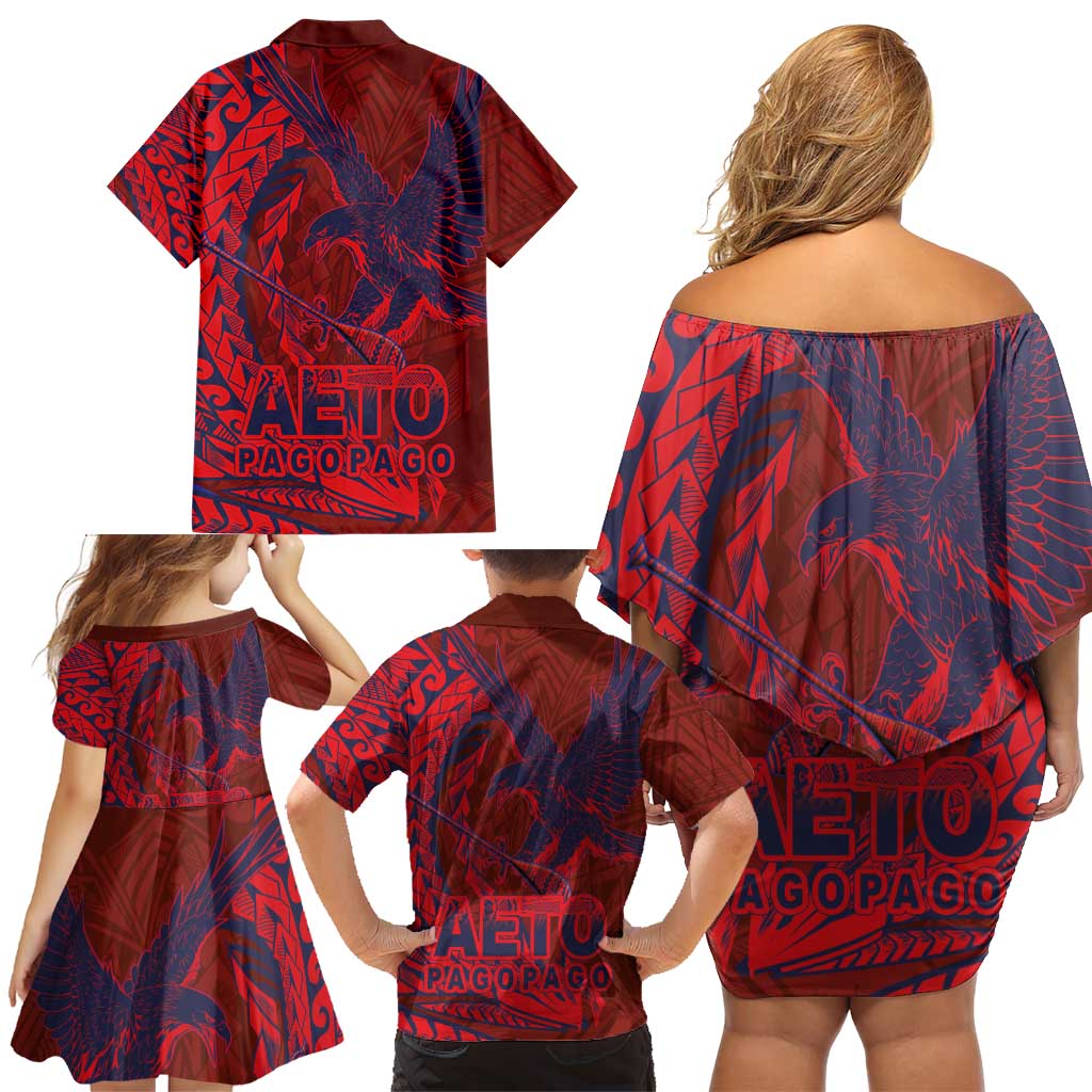 American Samoa Pago Pago Aeto Family Matching Off Shoulder Short Dress and Hawaiian Shirt Wingstyle Red-Blue Color LT03 - Polynesian Pride