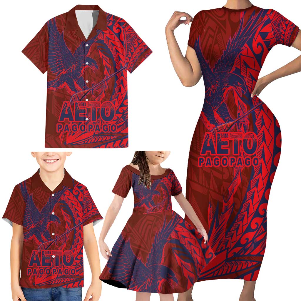 American Samoa Pago Pago Aeto Family Matching Short Sleeve Bodycon Dress and Hawaiian Shirt Wingstyle Red-Blue Color LT03 - Polynesian Pride