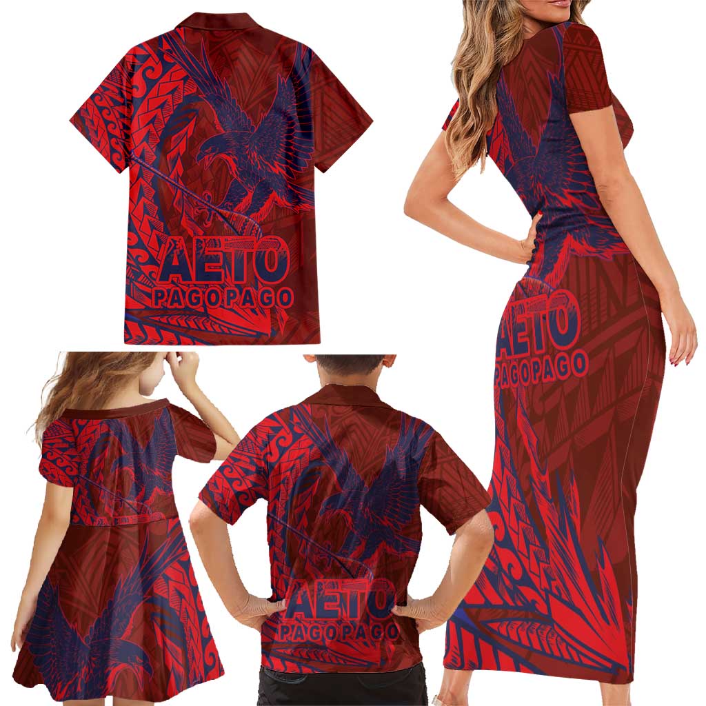 American Samoa Pago Pago Aeto Family Matching Short Sleeve Bodycon Dress and Hawaiian Shirt Wingstyle Red-Blue Color LT03 - Polynesian Pride