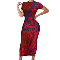 American Samoa Pago Pago Aeto Family Matching Short Sleeve Bodycon Dress and Hawaiian Shirt Wingstyle Red-Blue Color LT03 Mom's Dress Red - Polynesian Pride