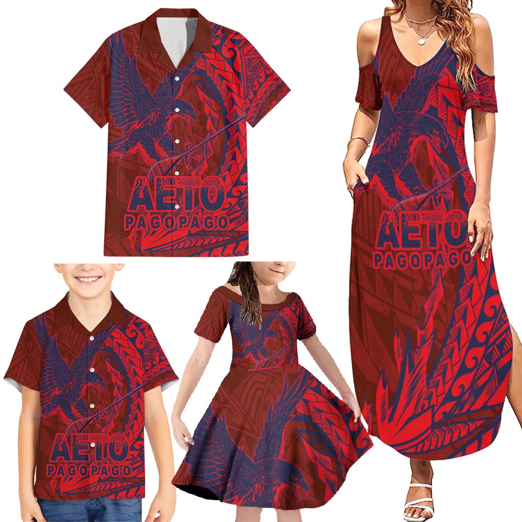 American Samoa Pago Pago Aeto Family Matching Summer Maxi Dress and Hawaiian Shirt Wingstyle Red-Blue Color LT03 - Polynesian Pride