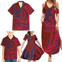 American Samoa Pago Pago Aeto Family Matching Summer Maxi Dress and Hawaiian Shirt Wingstyle Red-Blue Color LT03 - Polynesian Pride