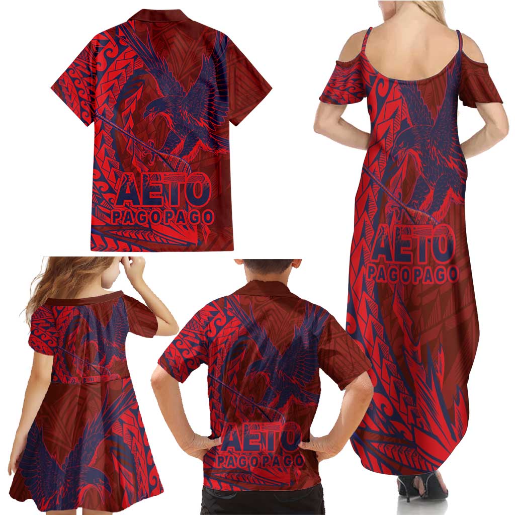 American Samoa Pago Pago Aeto Family Matching Summer Maxi Dress and Hawaiian Shirt Wingstyle Red-Blue Color LT03 - Polynesian Pride