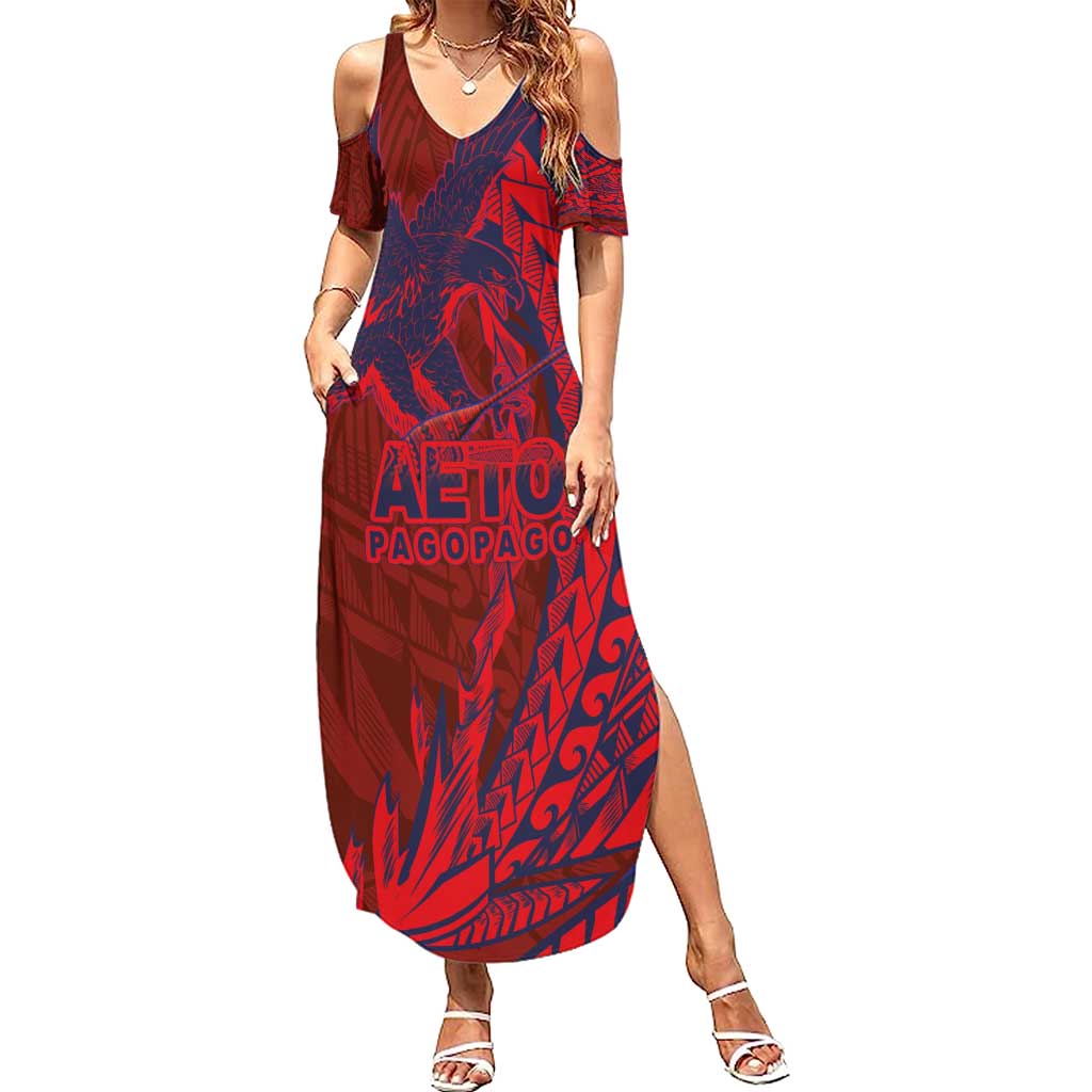 American Samoa Pago Pago Aeto Family Matching Summer Maxi Dress and Hawaiian Shirt Wingstyle Red-Blue Color LT03 Mom's Dress Red - Polynesian Pride