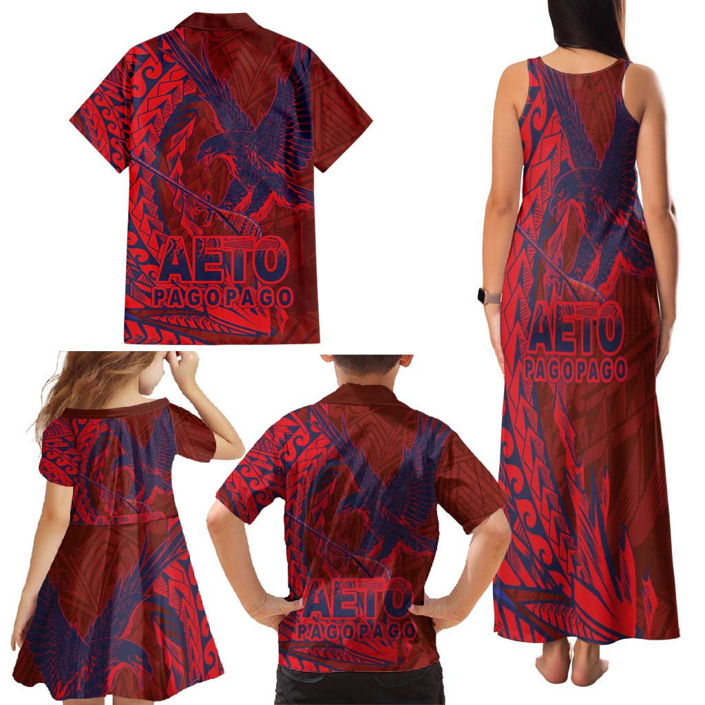 American Samoa Pago Pago Aeto Family Matching Tank Maxi Dress and Hawaiian Shirt Wingstyle Red-Blue Color LT03 - Polynesian Pride