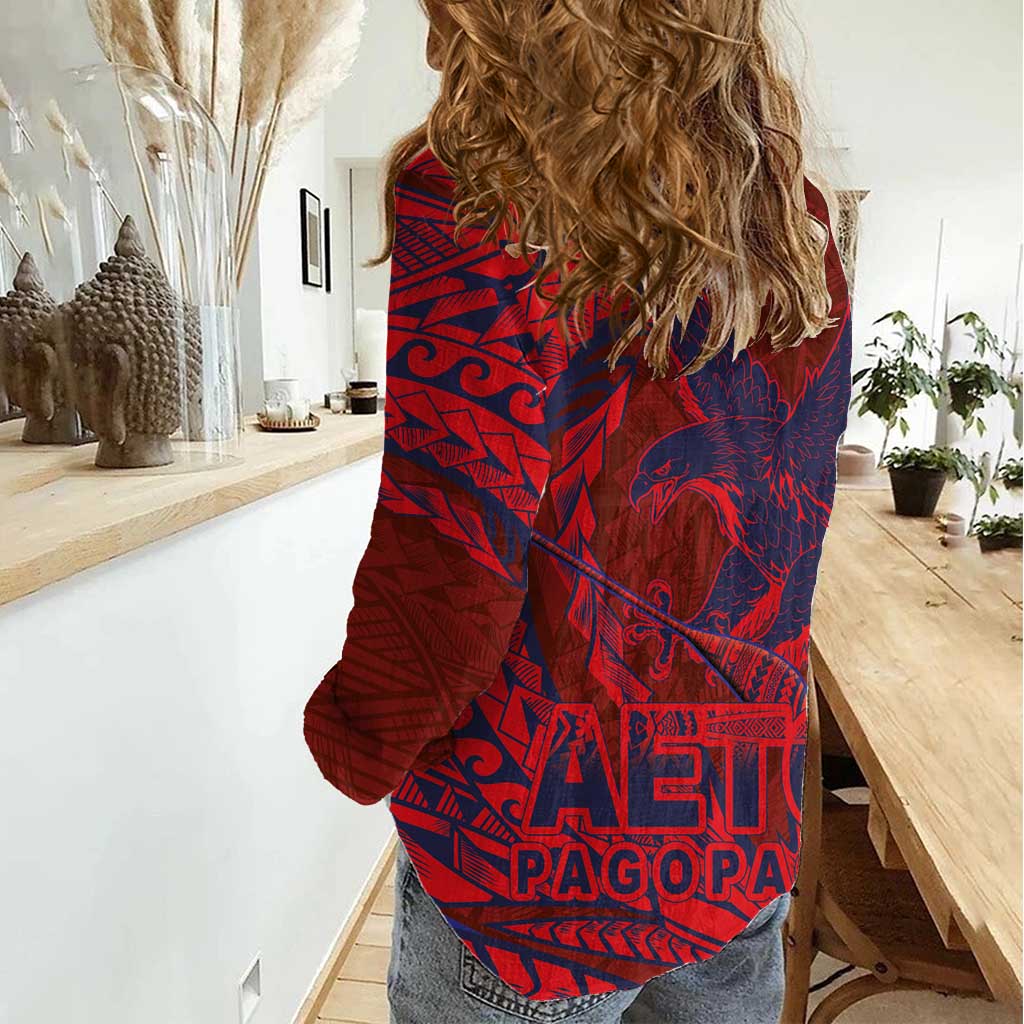 Samoa Pago Pago Aeto Women Casual Shirt Wingstyle Red-Blue Color - Polynesian Pride
