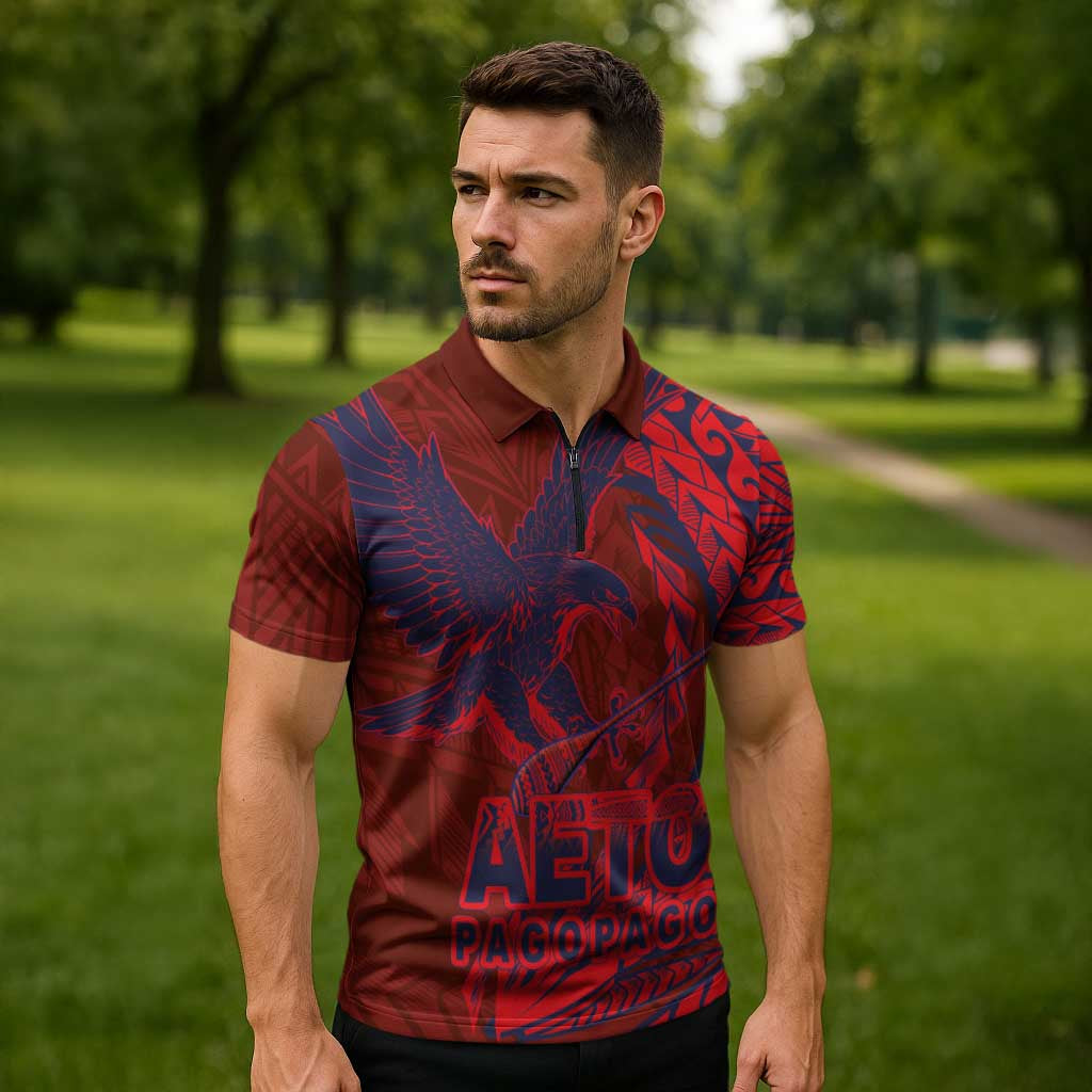 Samoa Pago Pago Aeto Zipper Polo Shirt Wingstyle Red-Blue Color - Polynesian Pride