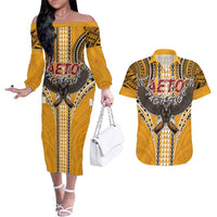 American Samoa Pago Pago Aeto Couples Matching Off The Shoulder Long Sleeve Dress and Hawaiian Shirt Bald Eagle with Polynesian Art Tattoos LT03 Yellow - Polynesian Pride