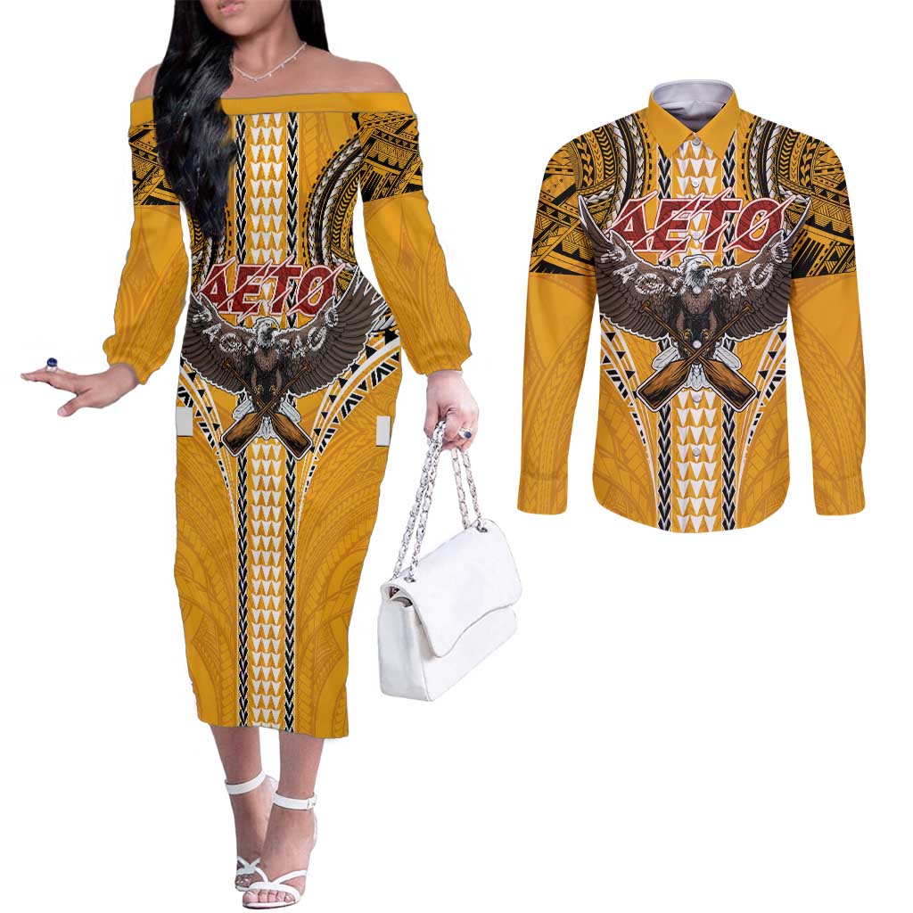 Samoa Pago Pago Aeto Couples Matching Off The Shoulder Long Sleeve Dress and Long Sleeve Button Shirt Bald Eagle with Polynesian Art Tattoos - Polynesian Pride