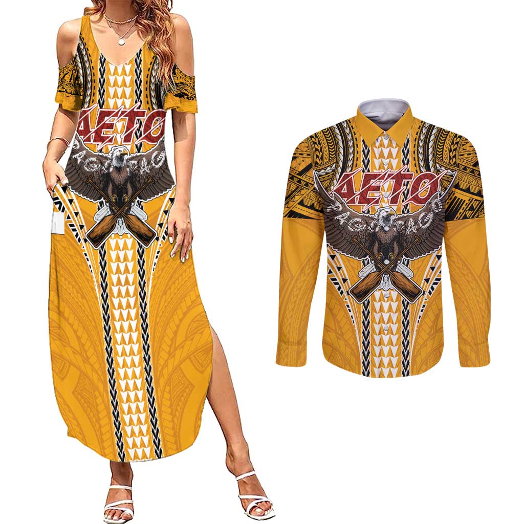 Samoa Pago Pago Aeto Couples Matching Summer Maxi Dress and Long Sleeve Button Shirt Bald Eagle with Polynesian Art Tattoos - Polynesian Pride