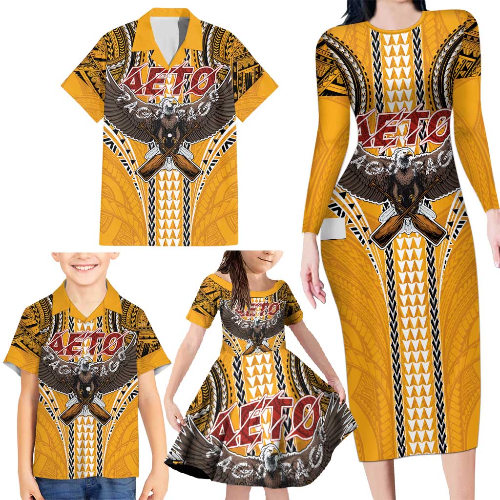 American Samoa Pago Pago Aeto Family Matching Long Sleeve Bodycon Dress and Hawaiian Shirt Bald Eagle with Polynesian Art Tattoos LT03 - Polynesian Pride