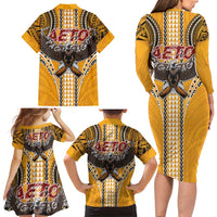 American Samoa Pago Pago Aeto Family Matching Long Sleeve Bodycon Dress and Hawaiian Shirt Bald Eagle with Polynesian Art Tattoos LT03 - Polynesian Pride