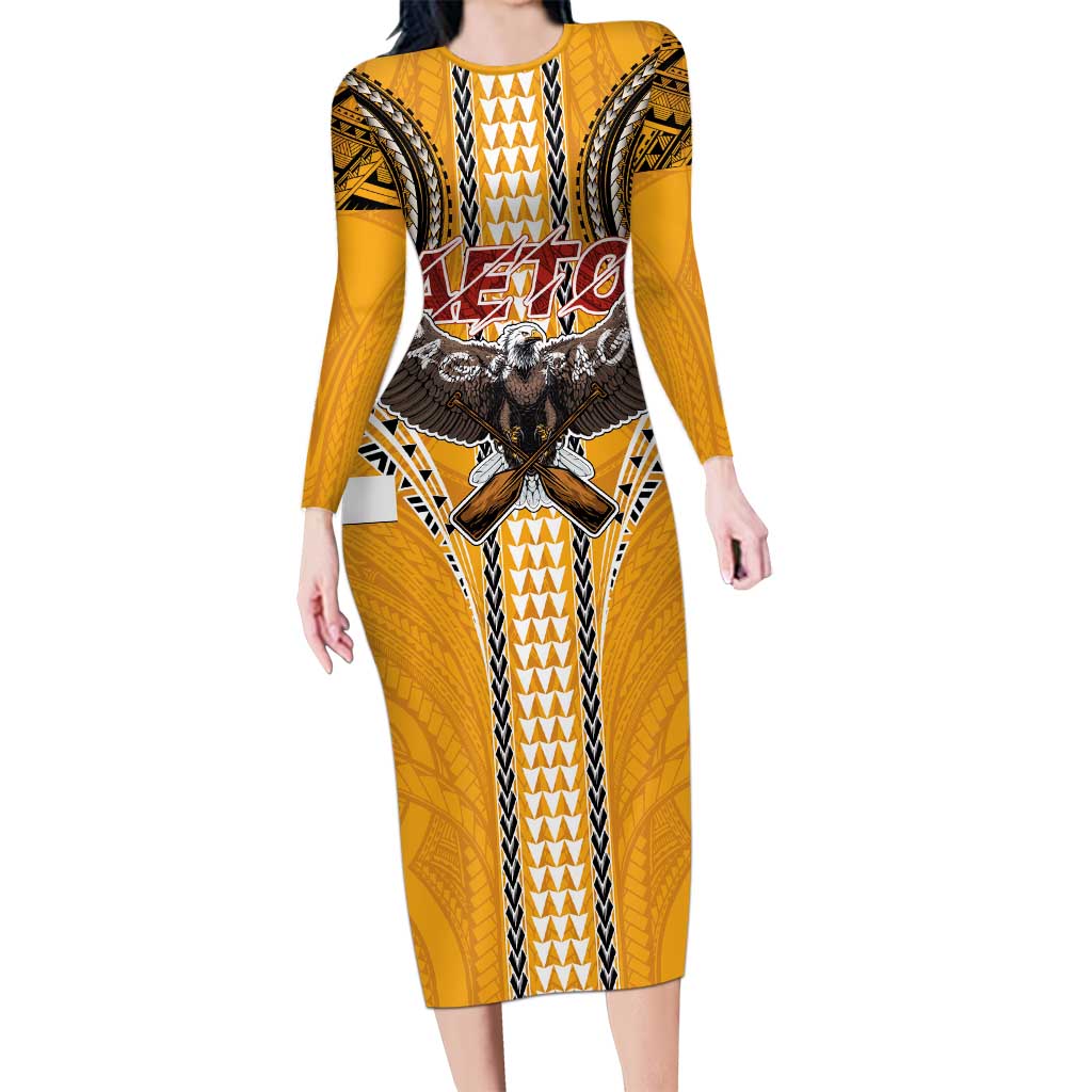 American Samoa Pago Pago Aeto Family Matching Long Sleeve Bodycon Dress and Hawaiian Shirt Bald Eagle with Polynesian Art Tattoos LT03 Mom's Dress Yellow - Polynesian Pride