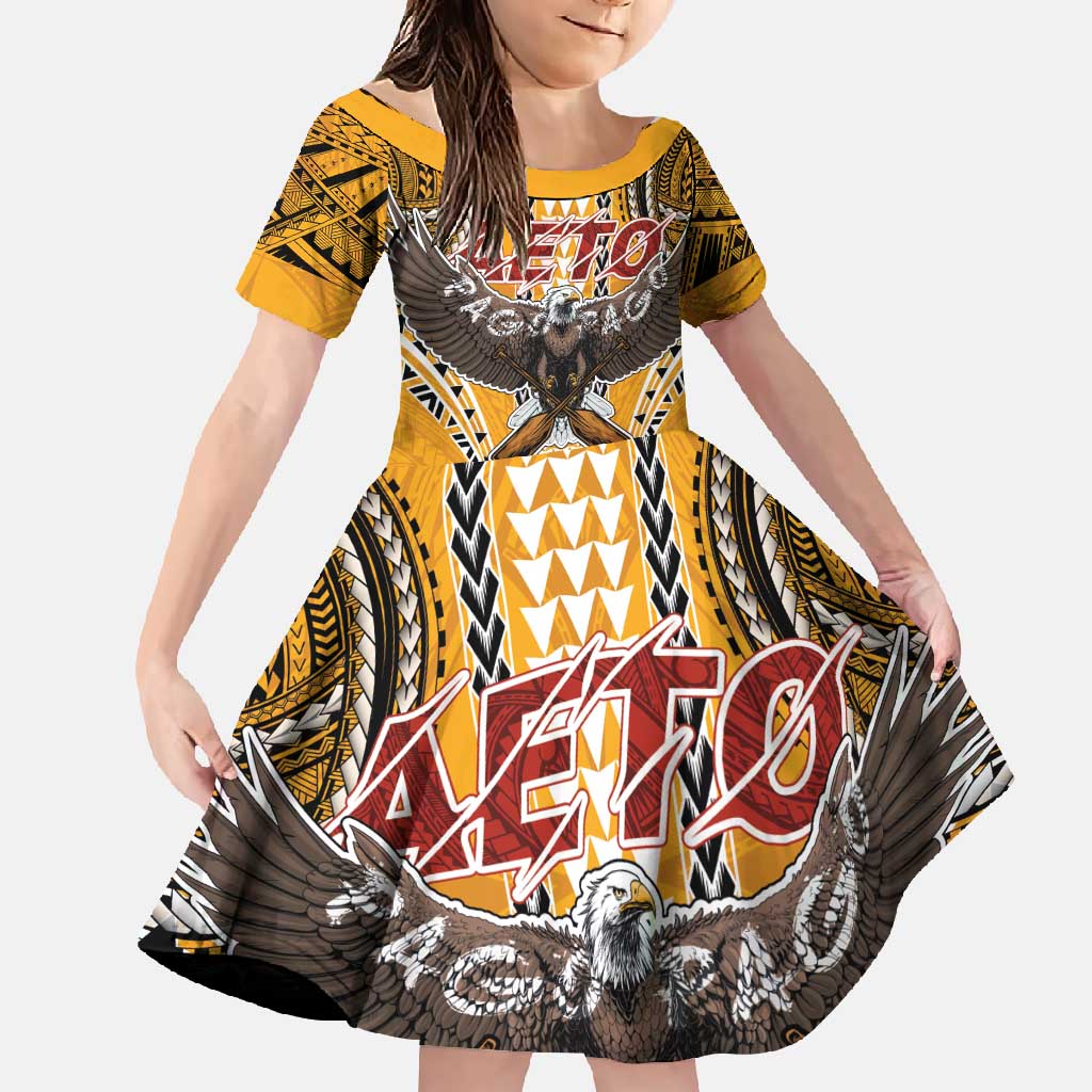 American Samoa Pago Pago Aeto Family Matching Mermaid Dress and Hawaiian Shirt Bald Eagle with Polynesian Art Tattoos LT03 Daughter's Dress Yellow - Polynesian Pride