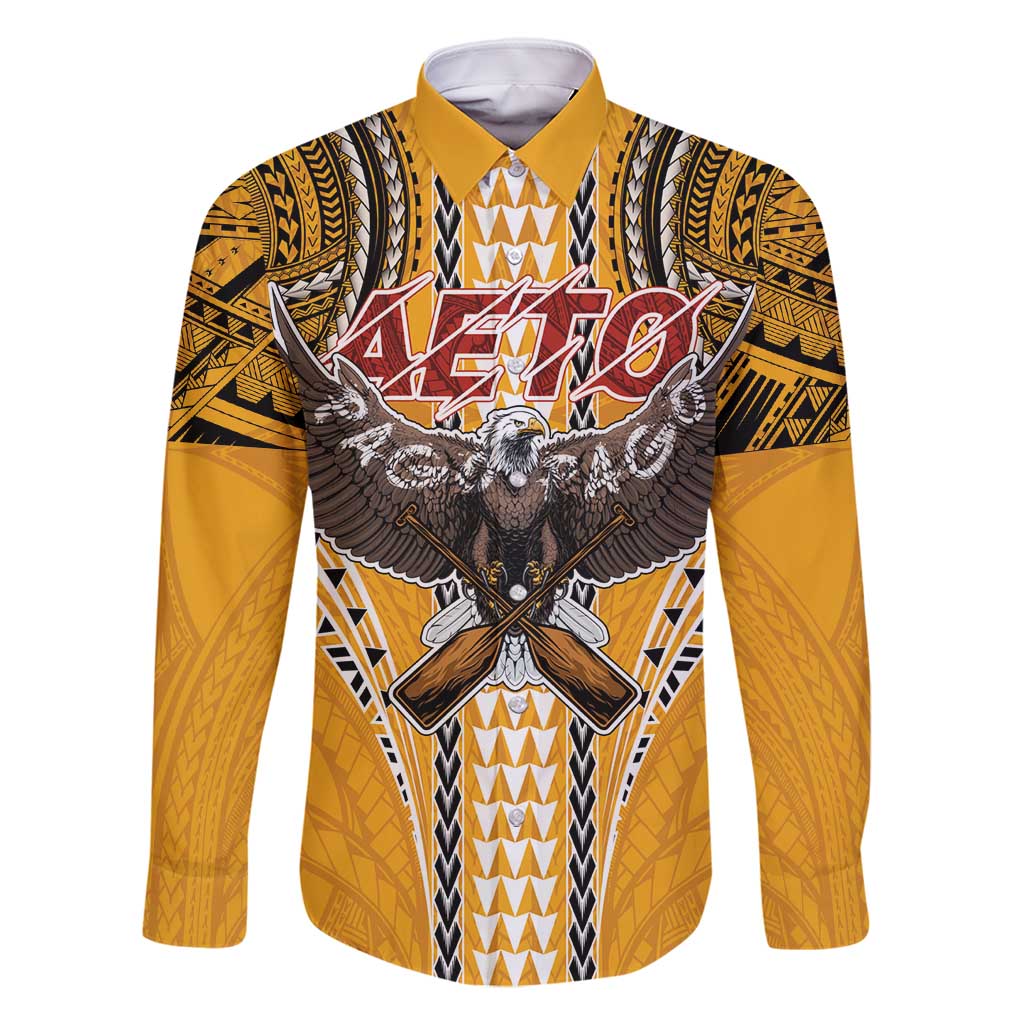 American Samoa Pago Pago Aeto Family Matching Mermaid Dress and Hawaiian Shirt Bald Eagle with Polynesian Art Tattoos LT03 Dad's Shirt - Long Sleeve Yellow - Polynesian Pride