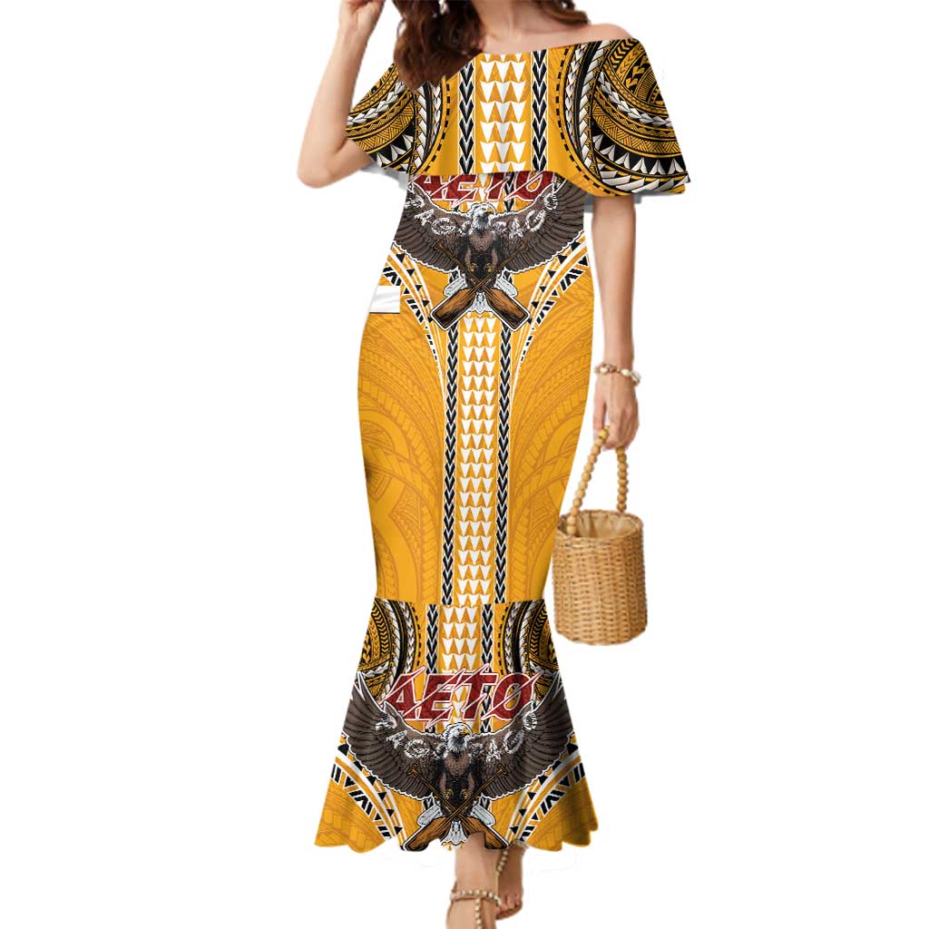 American Samoa Pago Pago Aeto Family Matching Mermaid Dress and Hawaiian Shirt Bald Eagle with Polynesian Art Tattoos LT03 Mom's Dress Yellow - Polynesian Pride