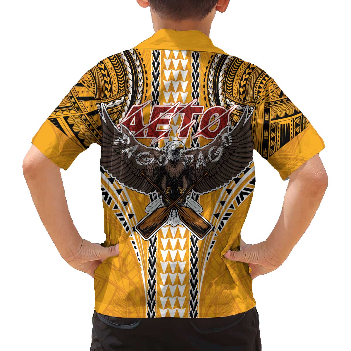American Samoa Pago Pago Aeto Family Matching Off The Shoulder Long Sleeve Dress and Hawaiian Shirt Bald Eagle with Polynesian Art Tattoos LT03 - Polynesian Pride