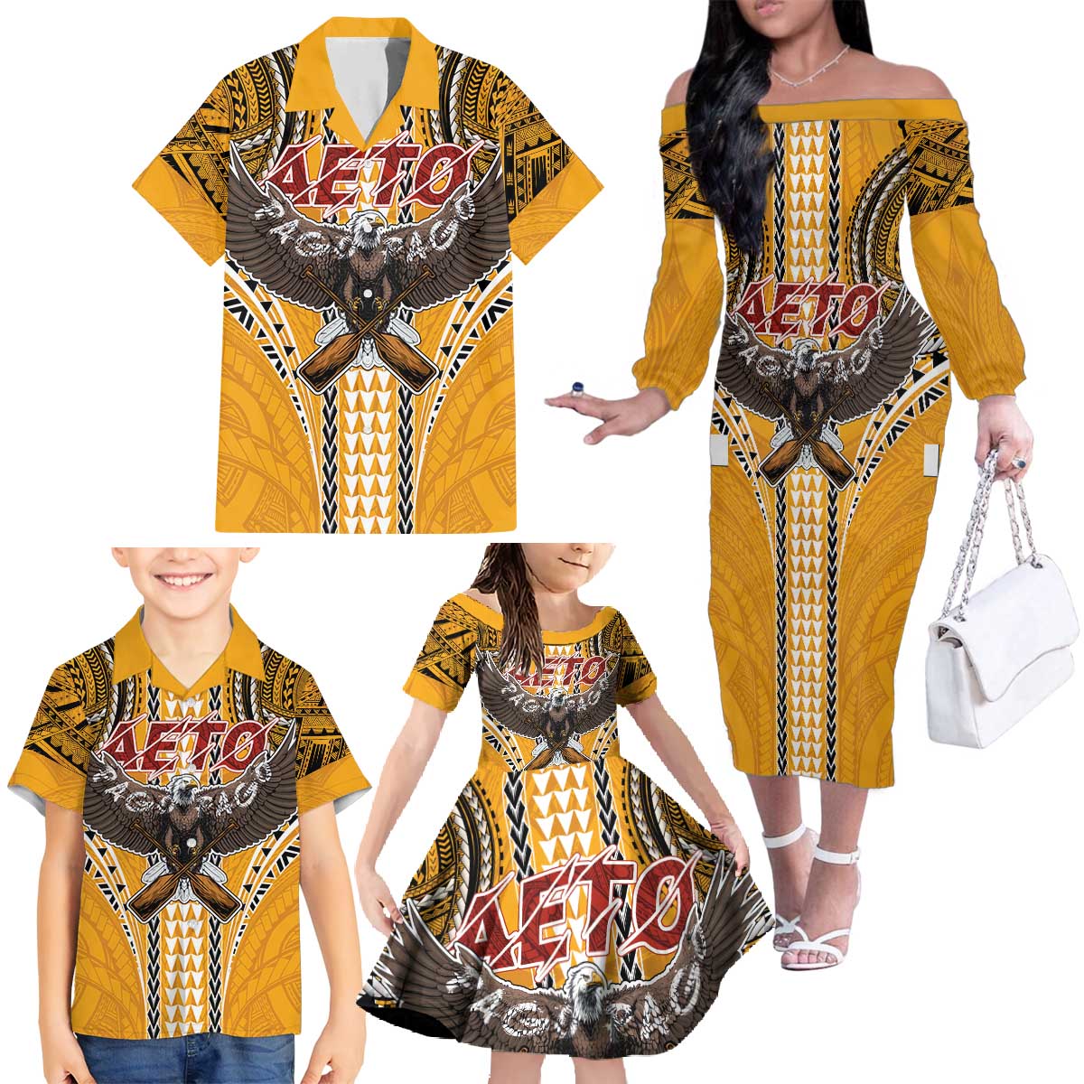 American Samoa Pago Pago Aeto Family Matching Off The Shoulder Long Sleeve Dress and Hawaiian Shirt Bald Eagle with Polynesian Art Tattoos LT03 - Polynesian Pride