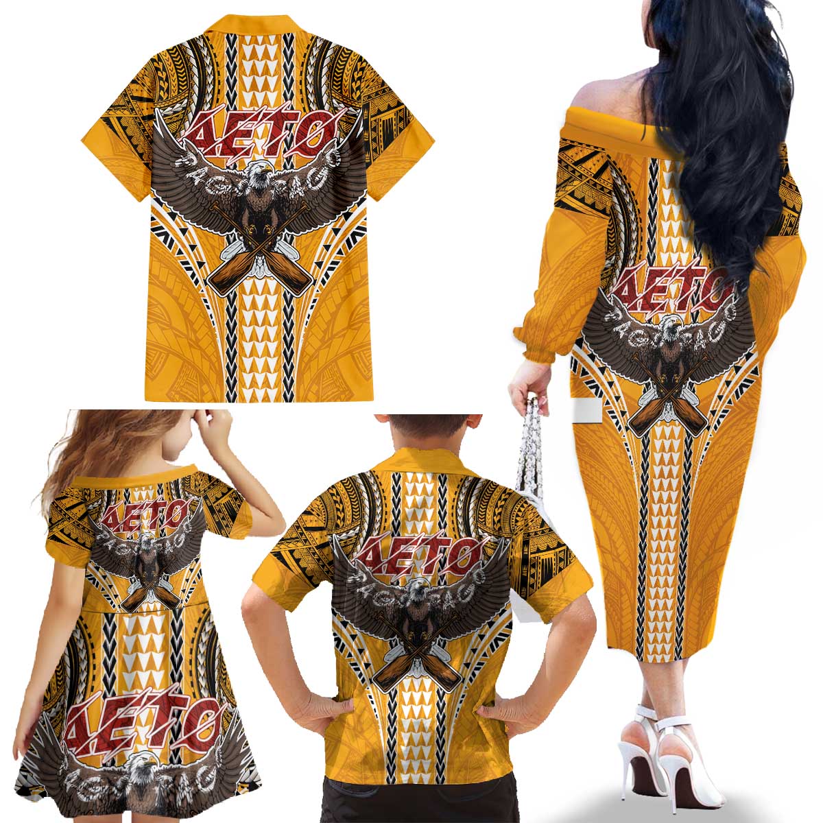 American Samoa Pago Pago Aeto Family Matching Off The Shoulder Long Sleeve Dress and Hawaiian Shirt Bald Eagle with Polynesian Art Tattoos LT03 - Polynesian Pride