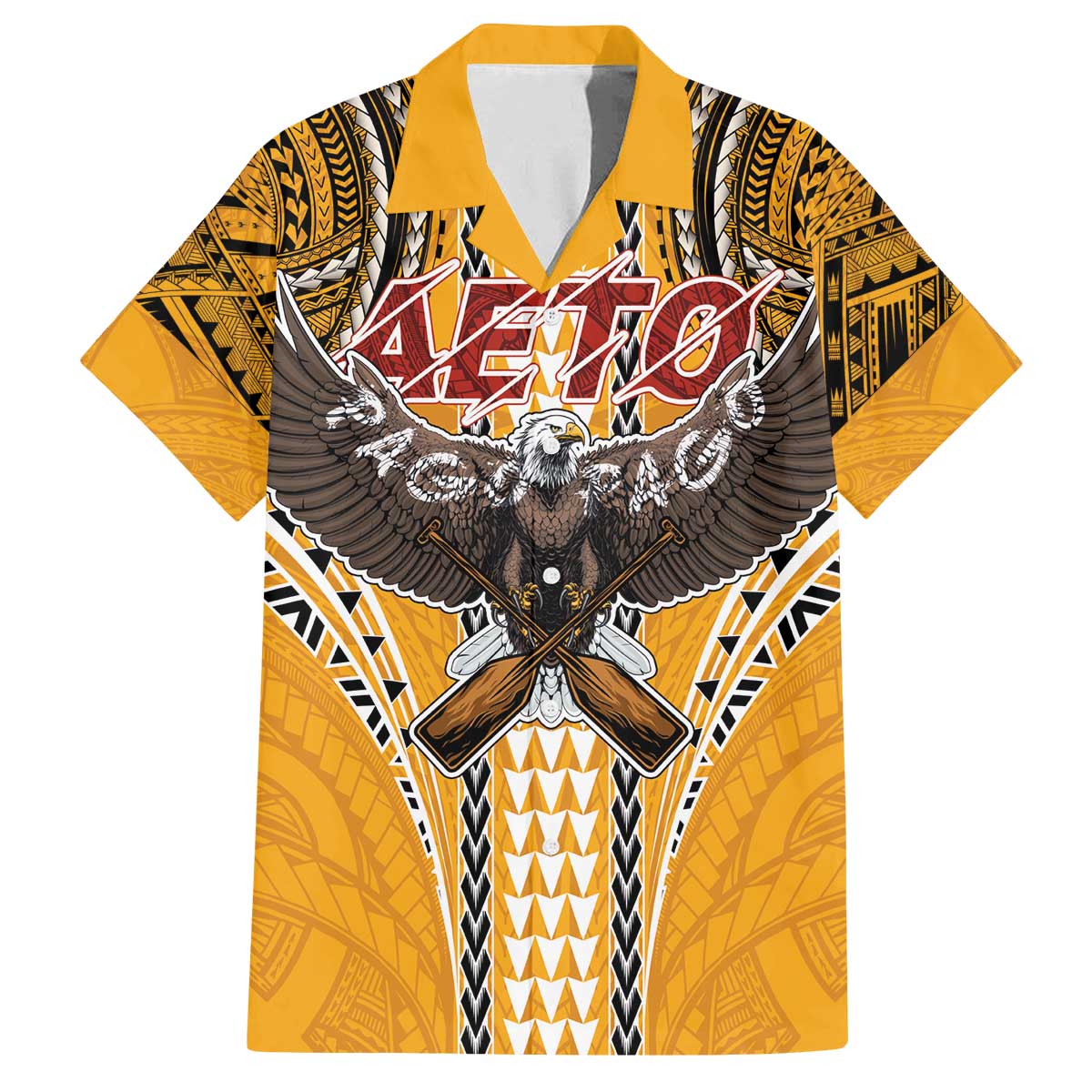 American Samoa Pago Pago Aeto Family Matching Off The Shoulder Long Sleeve Dress and Hawaiian Shirt Bald Eagle with Polynesian Art Tattoos LT03 Dad's Shirt - Short Sleeve Yellow - Polynesian Pride