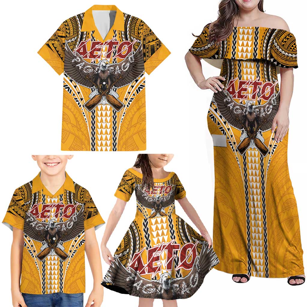 American Samoa Pago Pago Aeto Family Matching Off Shoulder Maxi Dress and Hawaiian Shirt Bald Eagle with Polynesian Art Tattoos LT03 - Polynesian Pride