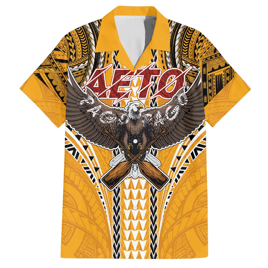 American Samoa Pago Pago Aeto Family Matching Off Shoulder Maxi Dress and Hawaiian Shirt Bald Eagle with Polynesian Art Tattoos LT03 Dad's Shirt - Short Sleeve Yellow - Polynesian Pride